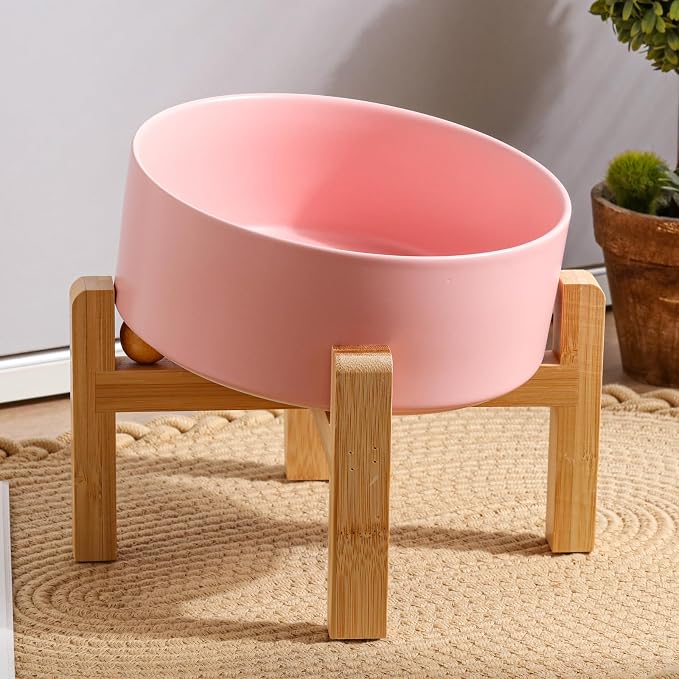 Pink Elevated/Raised 15°Tilted Anti Slip Ceramic Dog Bowl for Small/Medium Breeds,Slanted Bulldog Big Face Pet Food Water Feeding Dish with Stand for Cats and Dogs (3.6 Cups/28 OZ)