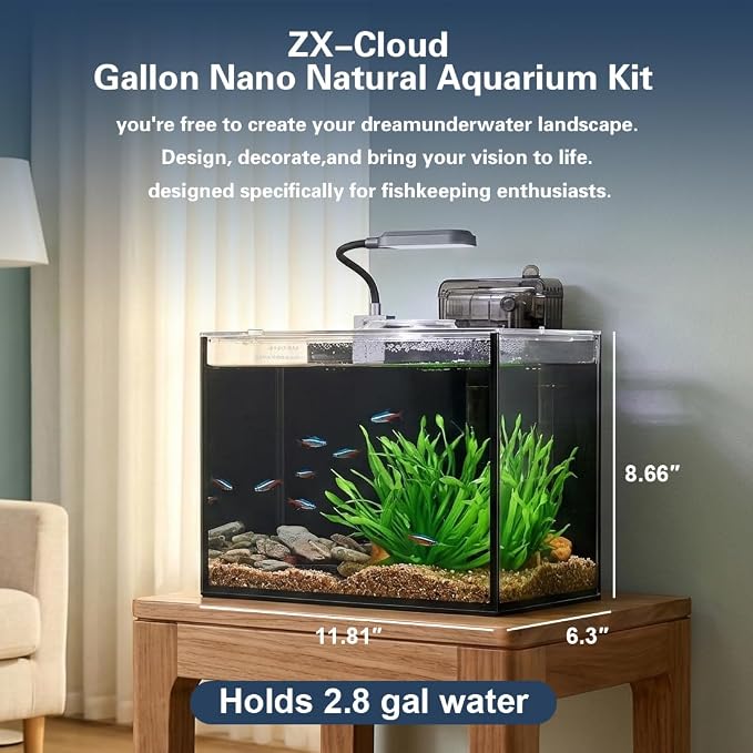 2.8 Gallon Fish Tank with Light,Filter,Lid,Landscape Accessories | Small Fish Tank,Aquarium Starter Kit,Glass Aquarium,for Small Fish,Shrimp,or Betta