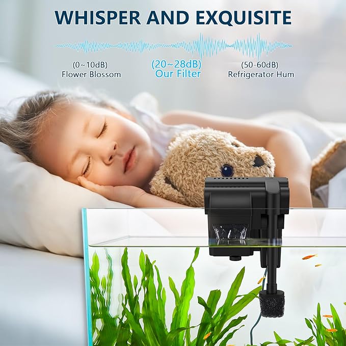 fishkeeper 5W 120GPH Ultra-Quiet Hang On Back Aquarium Filter, <28dB Whisper 4-Stage Biochemical Fish Tank Filter with Waterfall Oxygenation for 5-20Gal Fresh/Saltwater Tanks, w/Two Free Cartridges