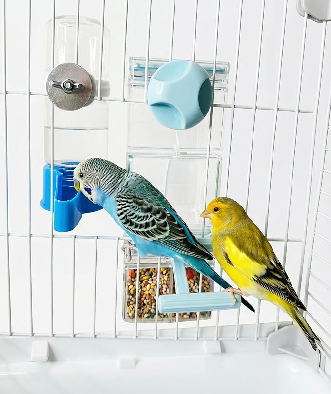 Automatic No Mess Bird Cage Feeder and Water Dispenser Set for Parakeet Cockatiel Parrot Lovebird, 2 in 1 Cage Hanging Food Bowl for Small Birds, No Spill Bird Feeder Container