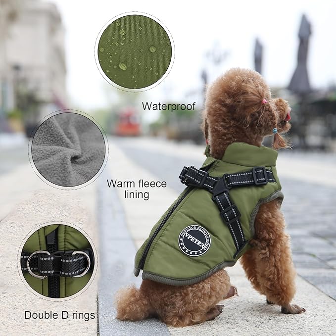 Dog Winter Coat,Warm Jacket Paded Fleece Dog Vest with Built in Harness, Windproof Reflective Cozy Adjustable Snow Pet Coat Clothes with Zipper for Small Medium Large Dogs