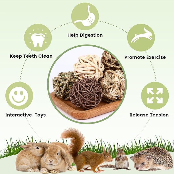 VESPRO Bunny Chew Grass Balls, Rolling Chew Toys for Small Animals, Natural Chew Grass Toys and Bunny Treats for Rabbits, Guinea Pigs, Chinchillas, Hamsters, Mice Teeth Grinding (8 Pcs)