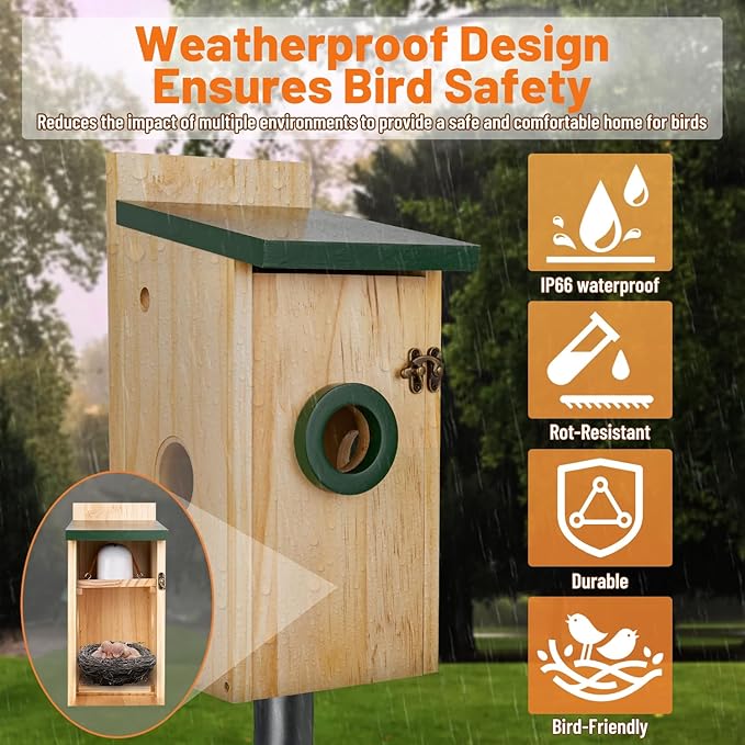 Smart Bird House with Camera, Solar Powered Bird House for Outdoor with 2K HD Cam, 2.4G WiFi, Night Vision, Motion Detection & 16GB SD, Watch Bird Nesting & Hatching in Real Time, Waterproof