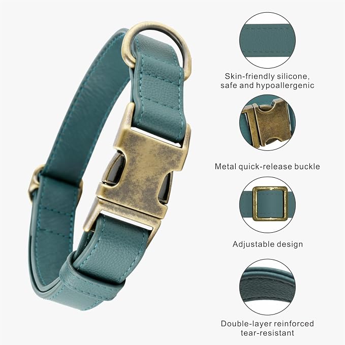 Silicone Dog Collar and Leash Set, Waterproof & Odor-Proof Puppy Collar for Small Dogs, Soft Flexible Leather-Look Dog Collars, Durable Thick Adjustable Pet Collar (Green, Large (16-24.5" Neck))