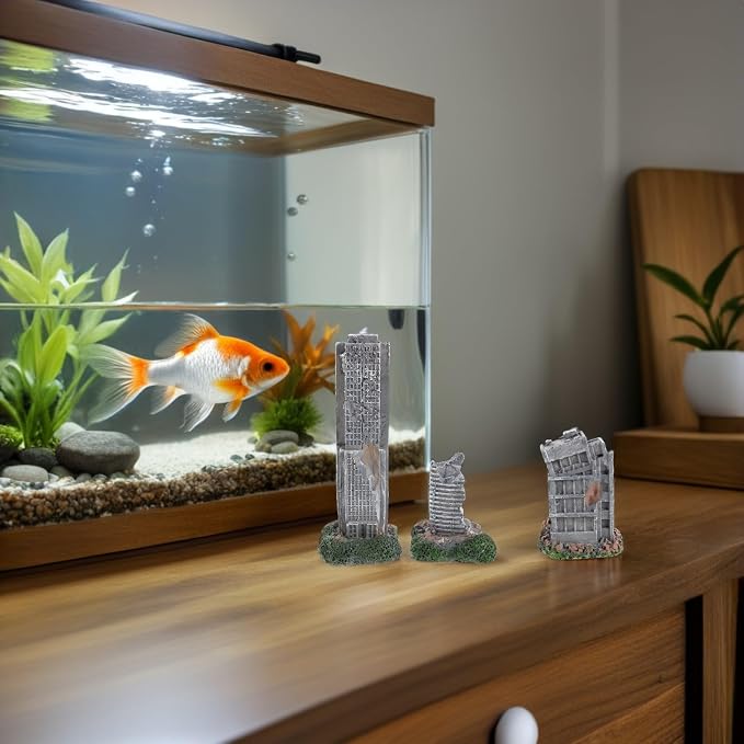 KICHOUSE Decoration Versatile Aquarium Realistic Ruins Castle 3pcs Resin Hideout Ornament with Antique City Ruins Design Compatibility and Fade-Resistant Material for Fish Tank Shrimp