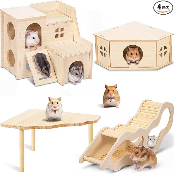 BreezeHug 4 Pcs Hamster Platform Hideout Wooden Tunnel Ladder Playhouse Hamster Game Climbing Toy with Platform Cage Accessories for Pets Dwarf Syrian Mice Degus Gerbils Squirrel(Spy Villa)
