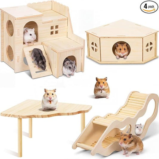 BreezeHug 4 Pcs Hamster Platform Hideout Wooden Tunnel Ladder Playhouse Hamster Game Climbing Toy with Platform Cage Accessories for Pets Dwarf Syrian Mice Degus Gerbils Squirrel(Spy Villa)