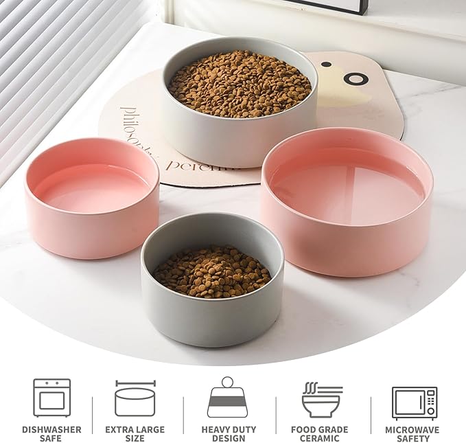Ceramic Set of 2 Dog Bowls - Classic Dogs Food & Water Bowl for Small and Medium Breed, Heavy-Duty Non-Slip Dog Dishes, Food Grade Pet Bowl, Dishwasher & Microwave Safe (6'', 2 * 30OZ, Pink)