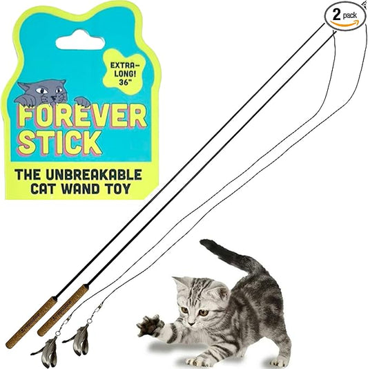 Forever Stick 2-Pack - The Unbreakable Cat Wand Toy, Durable Cat Toy Wand, Extra Long Cat String Toy, Cat Fishing Pole Toy for Bored Indoor Adult Cats, Cat Stick Toy, Cat Feather Wand, Cat Teaser Wand