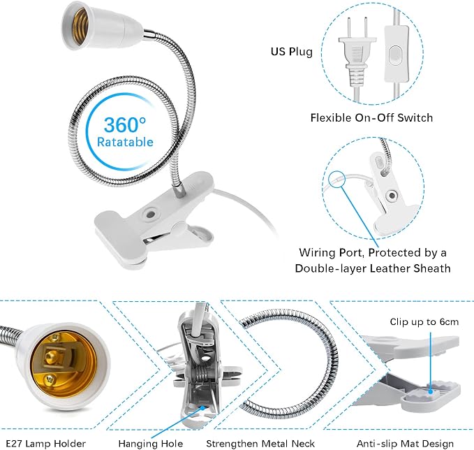 Aluminum Wire Neck Clip Light Socket, 2-Pack Desk Clip Clamp Lamp Holder Adjustable Light Stand With Switch 6.8ft Cable E26/E27 Clip Lamp Fixture for Aquarium Plant Grow