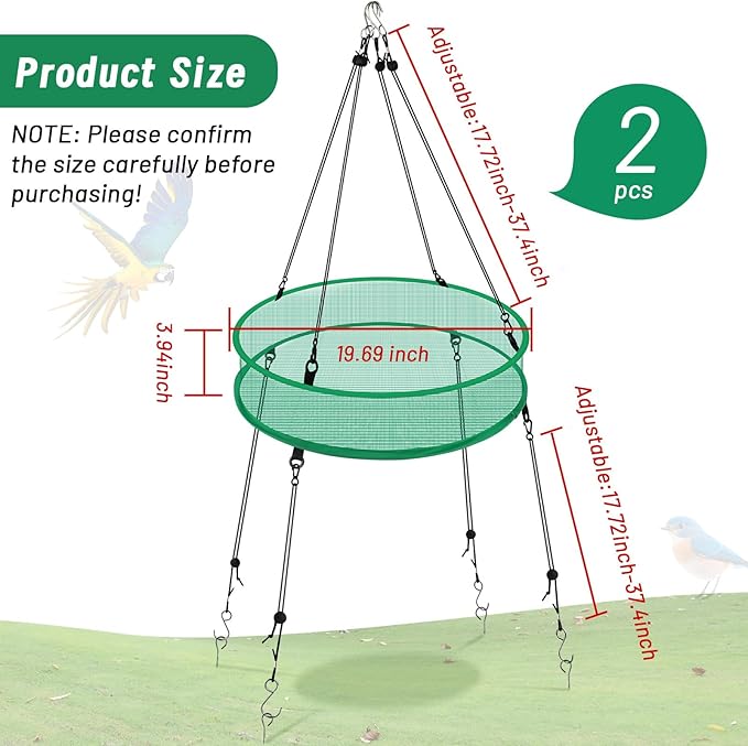 2 Pcs Bird Seed Catcher for Outdoor Feeders, 20" Hanging Bird Feeder Seed Catcher Platform with Adjustable Hanging Hoop for Hummingbird Bee Feeder Outdoor Garden Backyard Accessories(Green)