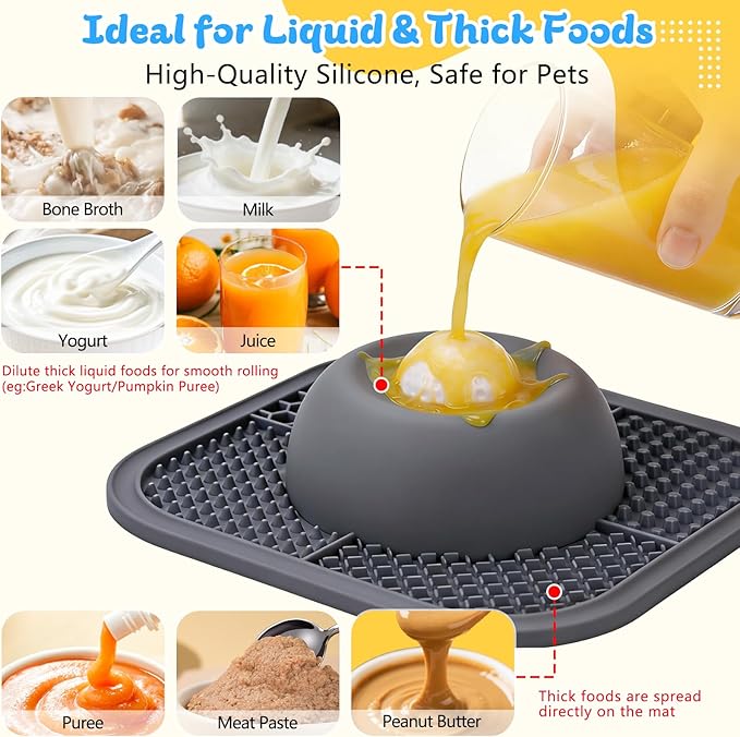 PetsHome Slow Feeder Dog Bowls & Lick Mat for Liquid and Thick Treat, Anti-Slip Dog Lick Bowl with Interactive Rolling Ball, 5/6 Cup Pup Licking Toy for Large Medium Small Dogs and Cats Gray