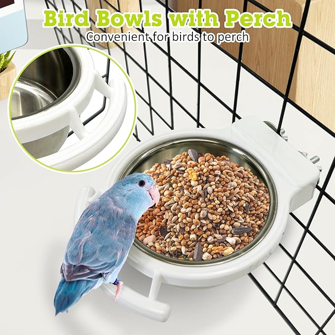 Stainless Steel Bird Bowls for Cage 2 Pcs Parrot Feeding Dish Metal Food and Water Cups Detachable Birds Cage Feeder Hanging Finch Food Plates with Perch for Parakeet Budgie Lovebird (White)