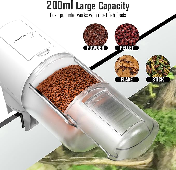 JuzPetz Automatic Fish Feeder Dispenser for Aquarium, 200ml Large Capacity Auto Turtle Fish Feeder for Small Tank, Battery Powered Food Feeding Timer for 7, 14 Day Weekend Vacation, Batteries Included