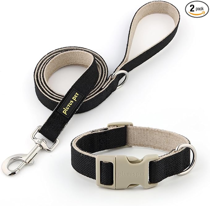Plutus Pet Cotton Hemp Dog Collar and Leash Set, Adjustable Collar for Small, Medium, and Large Dogs, Heavy Duty and Soft on Skin, Black, XS