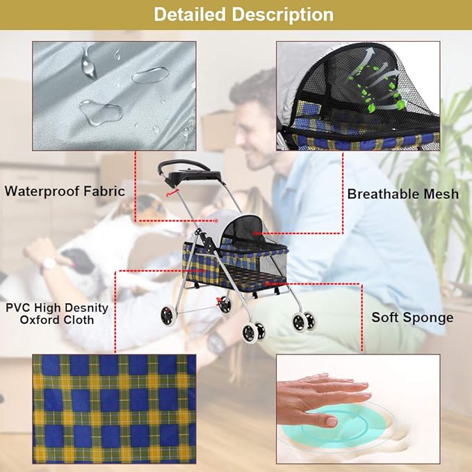 BestPet Pet Stroller 4 Wheels Posh Folding Waterproof Portable Travel Cat Dog Stroller with Cup Holder (Yellow Plaid)