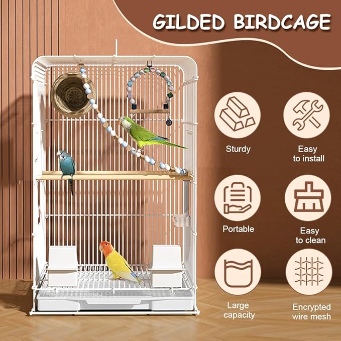23.6-Inch Household Bird Cage with Top Handle, Small Metal Bird Cage with Removable Slide-Out Tray, Lightweight Travel Bird Cage for Indoor Outdoor Home Bird Feeding