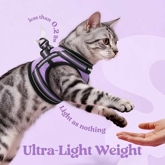 rabbitgoo Cat Harness and Leash Set for Walking Escape Proof, Adjustable Soft Kittens Vest with Reflective Strip for Cats, Comfortable Outdoor Vest, Light Purple, L