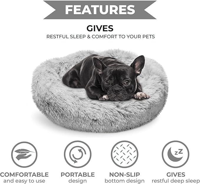 Whiskers & Friends Cat Beds for Indoor Cats, Fluffy Calming Donut Cat Bed, Small Dog Bed Washable - Orthopedic Soft Plush Pet Beds Sized for Kitten to Large Cats & Puppy to Small Dogs, Light Grey 20''
