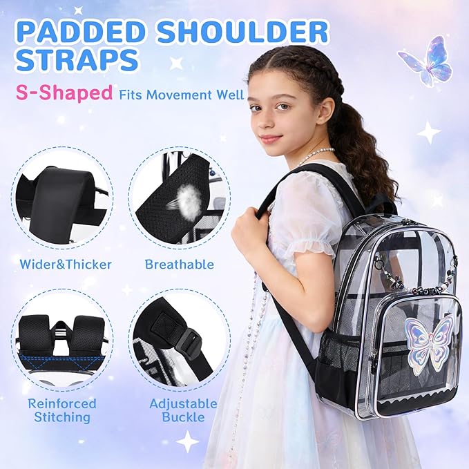 MUSEVOS Clear Backpack, Clear Bookbag for School PVC Heavy Duty Transparent Backpack for Girls, Black Butterfly