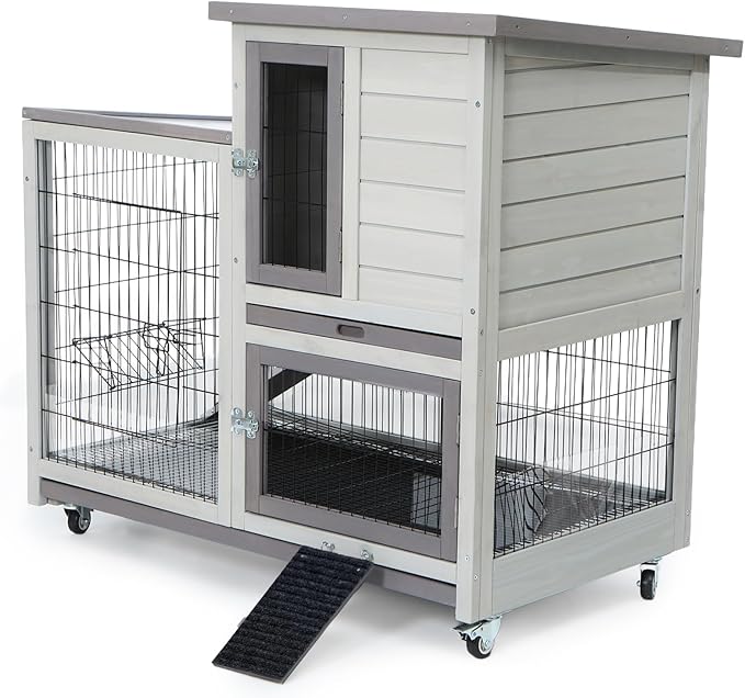 FunXplore 2-Tier Rabbit Cage & Bunny Hutch Indoor Outdoor, 4 Metal Wheels, Chew-Resistant Aluminum-Edged Frames & Ramps, Leak-Proof Trays, Easy Assembly, Spacious for Rabbits & Small Animals