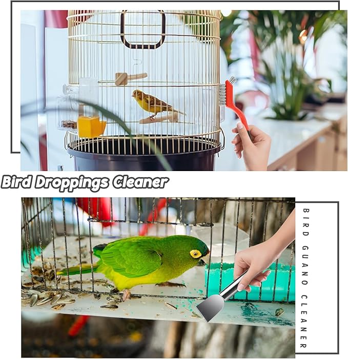 6PCS Bird Cage Cleaning Brush Kit Stainless Bird Cage Cleaner Tools Set Accessories for Small Medium,Large,Tall,Stainless Steel,Parakeet,Budgie,African Grey Parrot,Cockatoo Birds Cages Accessories