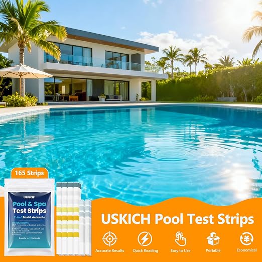 8-Way Hot Tub & Pool Test Strips, 150-Count 7-in-1 Pool Test Strips + 15-Count Phosphate Test Strips, Accurately Test pH, Chlorine, Bromine, Hardness, Total Alkalinity, Cyanuric Acid, Phosphate etc