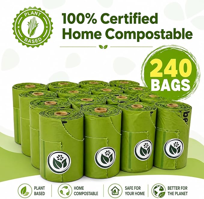100% Compostable Handle-Tie Doggy Poop Bags (240 Bags) 16 Refill Rolls Plant-Based Cornstarch ASTM D6400 & EN 13432 Compliant HOME Certiified Compostabel Pet Dog Waste Bags (240 ct.)