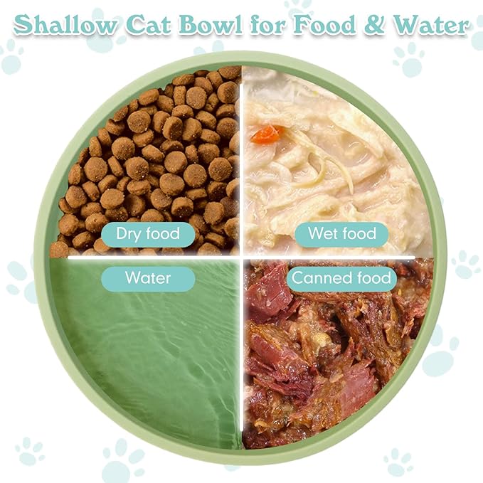 Silicone Cat Food Bowl Shallow Dishes 5.9in Wide Cats Bowls Kitty Plates Relief Whisker Fatigue Puppy Feeding Bowl for Dry Food and Wet Food Indoor (Round Bean Green)