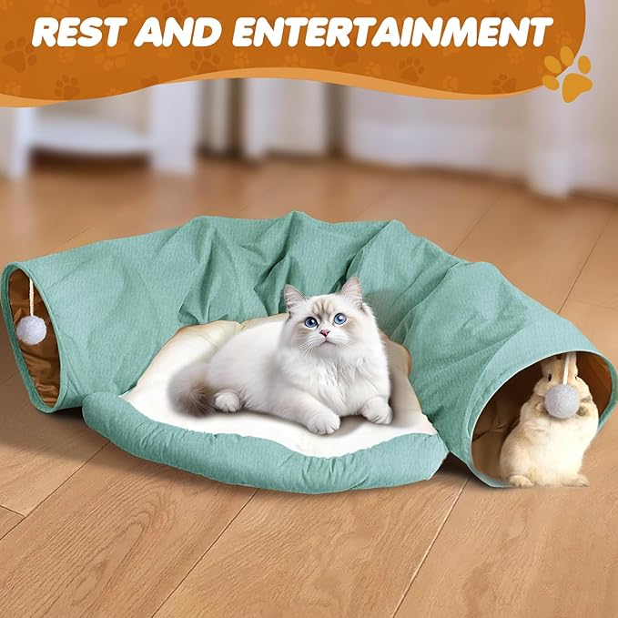 Spardar Bunny Tunnel Bed, 2-in-1 Collapsible Tunnel Tubes Toys, Washable, with Removable Mat Hideout, Interactive Toys for Rabbits Chinchilla Hedgehog Guinea Pigs Kitty, Matcha Green