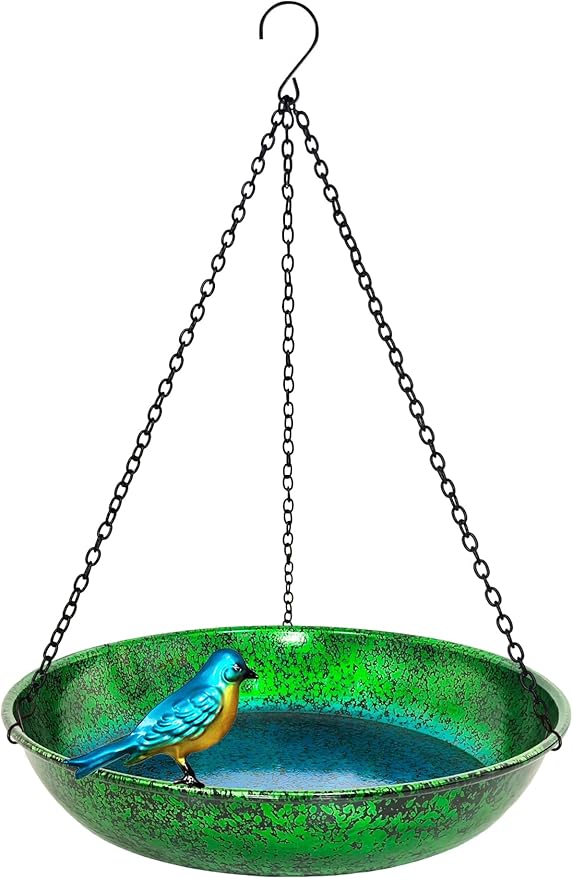 Hanging Bird Bath for Outside, 11” Metallic Green & Blue Metal Birdbath Bowl & Feeder with Black Chain Outdoor Garden Yard Decor (0.5 Gallon)