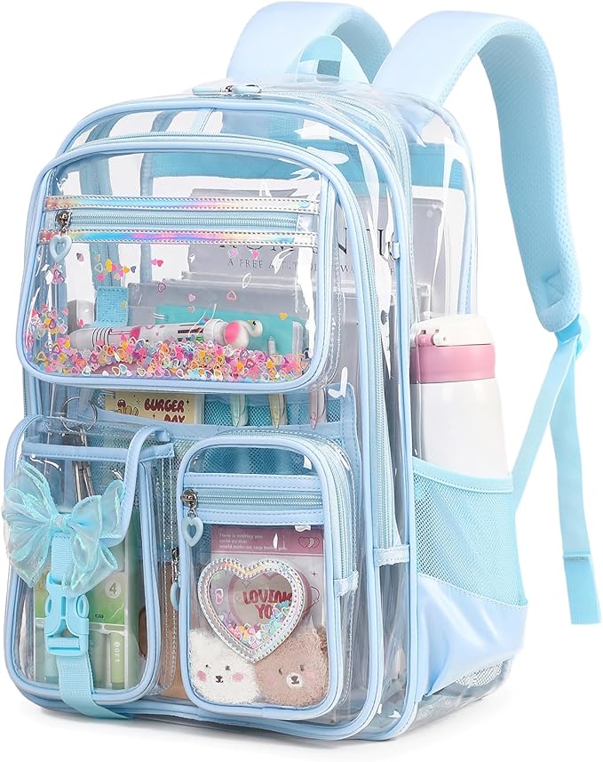 MOONBABY Clear Backpack for Girls, Clear Bookbag Heavy Duty Transparent Backpack for Stadium Events, See Through Back Pack for Kindergarten Elementary Middle High School, Blue