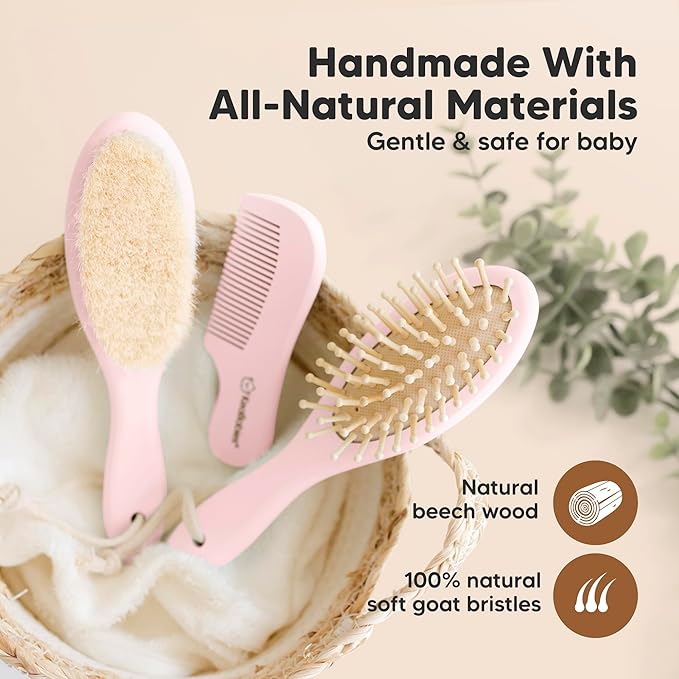 Baby Hair Brush Set for Newborns - Soft Goat Bristle Wooden Baby Brush and Comb Set Newborn Grooming Kit for Cradle Cap, Durable & Gentle, Boy, Girl Infant Essentials Care Kit (Regular, Blush)