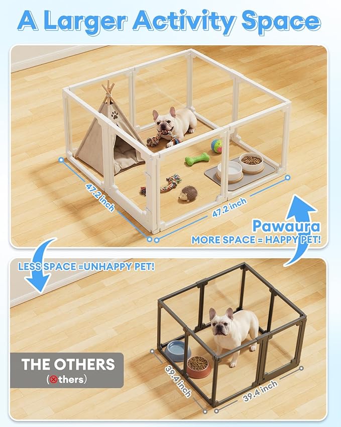 Clear Acrylic Dog Playpen Indoor,Tool-Free Assembly & Easy Clean,24 in Puppy Playpen with Door for Small Dogs/Cats/Rabbits/Pigs/Ferret,Indoor and Outdoor Use,8 Panels(White