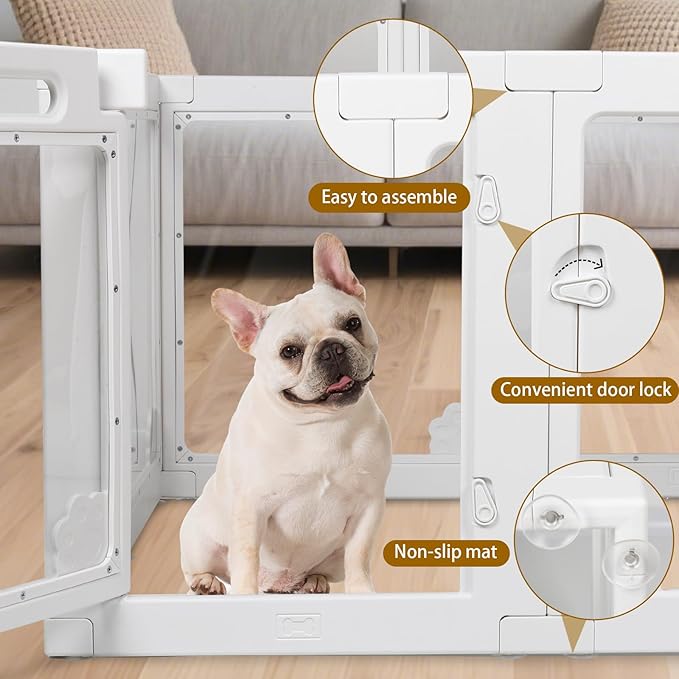 Clear Acrylic Dog Playpen Indoor with Door - Easy to Assemble Foldable Pet Playpen for Small Dogs, Cats, Rabbits, Ferrets - Small Animal Whelping Crate Kennel Fence