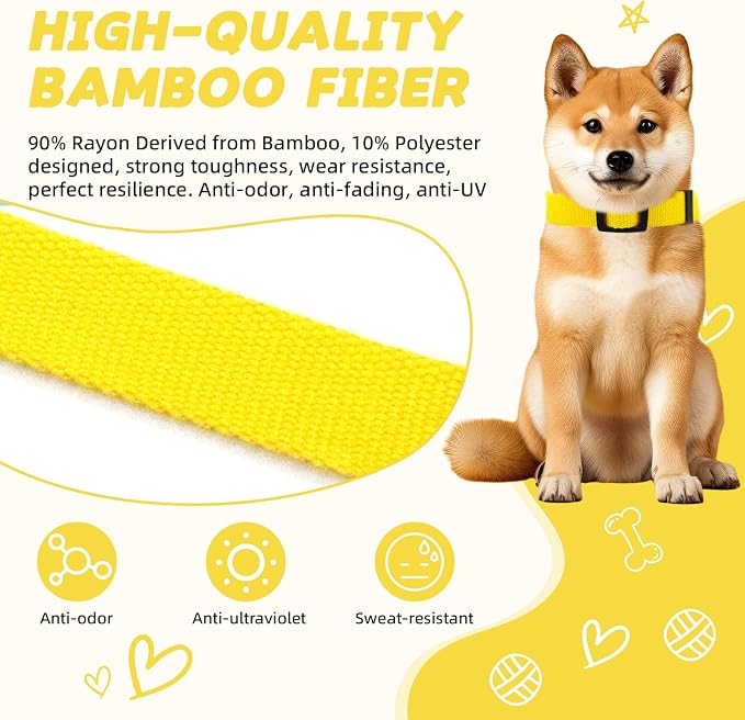 Yellow Dog Collar and Leash Set for Medium Size Dog, Breathable, Anti-Odor & Soft, Comfortable for Sensitive Skin Puppies, 90% Bamboo Rayon, Adjustable Quick-Release Buckle Pet Collar