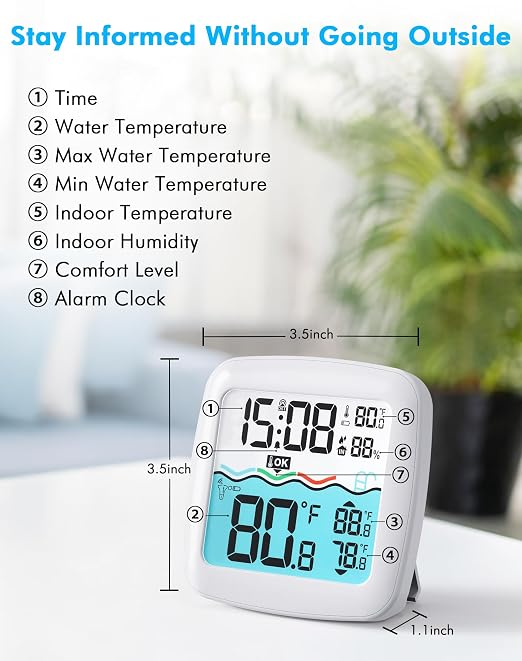 Pool Thermometer Floating Easy Read, IPX8 Waterproof Wireless Digital Thermometer with Indoor Thermometers for Swimming Pool, Spa, Aquarium, Cold Plunge, Hot Tub, Pond