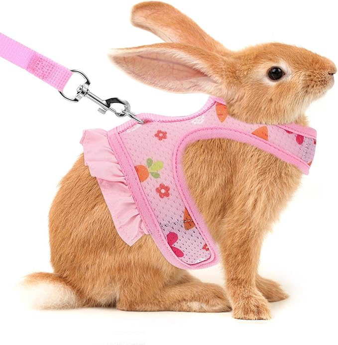 Adjustable Small Pet Harness Leash Set, Breathable Mesh Bunny Vest Harness with Wear-Resistant Leash, Pink S Size for Outdoor Rabbit and Guinea Pig Walking