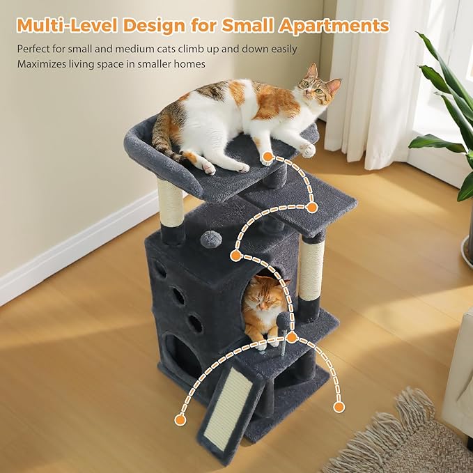 PETEPELA Cat Tree for Indoor Cats, 34.6" Small Cat Tower with Scratching Posts, 2 Condos, Scratching Ramp & Dangling Toys, Cat Play House for Multi-Cat Households, Dark Grey