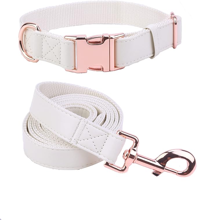 Dog Collar and Leash Set.Soft and Easy to Clean Vegan Leather with Rose Gold Metal Buckle for Small Medium Large Dogs (Off-White, L(15.4”-24.8“)