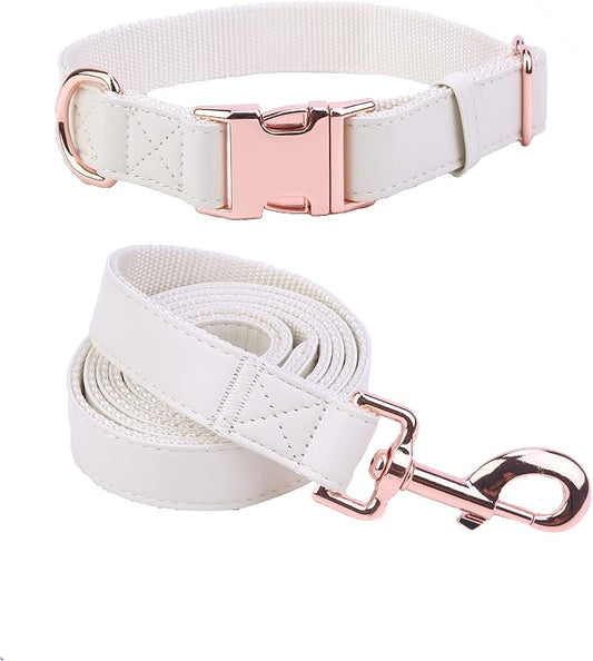 Dog Collar and Leash Set.Soft and Easy to Clean Vegan Leather with Rose Gold Metal Buckle for Small Medium Large Dogs (Off-White, L(15.4”-24.8“)