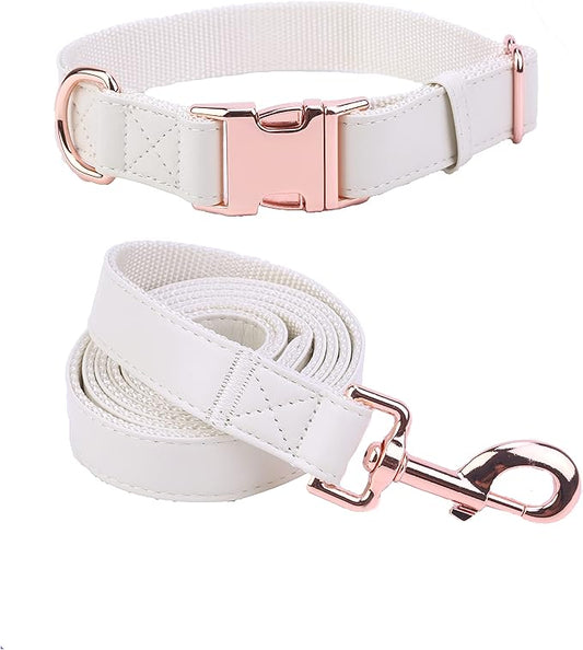 Dog Collar and Leash Set.Soft and Easy to Clean Vegan Leather with Rose Gold Metal Buckle for Small Medium Large Dogs (Off-White, M(13.8"-19.7"))