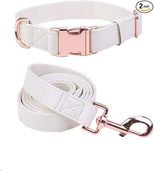 Dog Collar and Leash Set.Soft and Easy to Clean Vegan Leather with Rose Gold Metal Buckle for Small Medium Large Dogs (Off-White, XS(8"-12"))