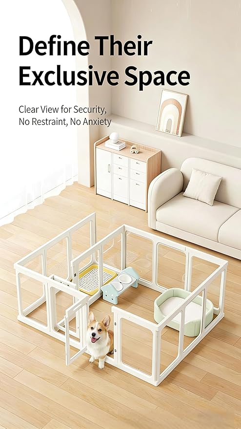Clear Acrylic Dog Playpen with Door,23.6" Puppy Playpen,Easy Assemble Pet Fence,10-Panel for Puppies/Small Dog Play Pen Indoor (White, 23.6 Inch-H, 10 Panel) (White, 75cm9p+1d)