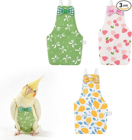 Bird Diaper Flight Suit, 3-Packs Lightweight Reusable Washable Elastic-Straps Parrot Clothes for Peony/Monk Parakeet, Prevents Poop Leaks & Feather Pecking (Bow+Lemon+Cherry, L)