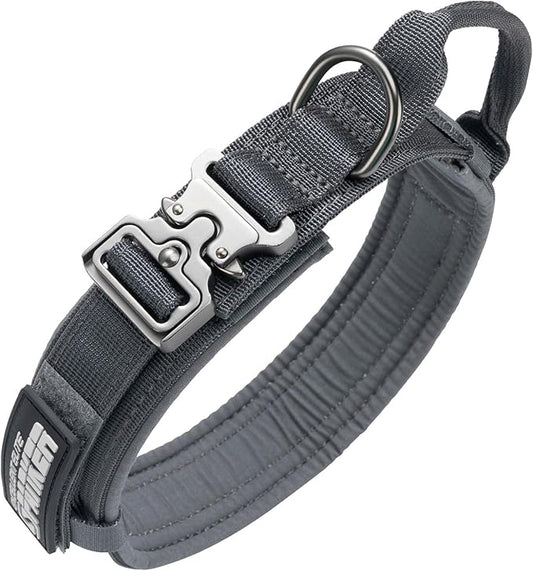 EXCELLENT ELITE SPANKER Tactical Dog Collar Nylon Adjustable Training Collar Military Dog Collar Heavy Duty Metal Buckle with Control Handle for Medium and Large Dogs with Patches (Grey-XL)