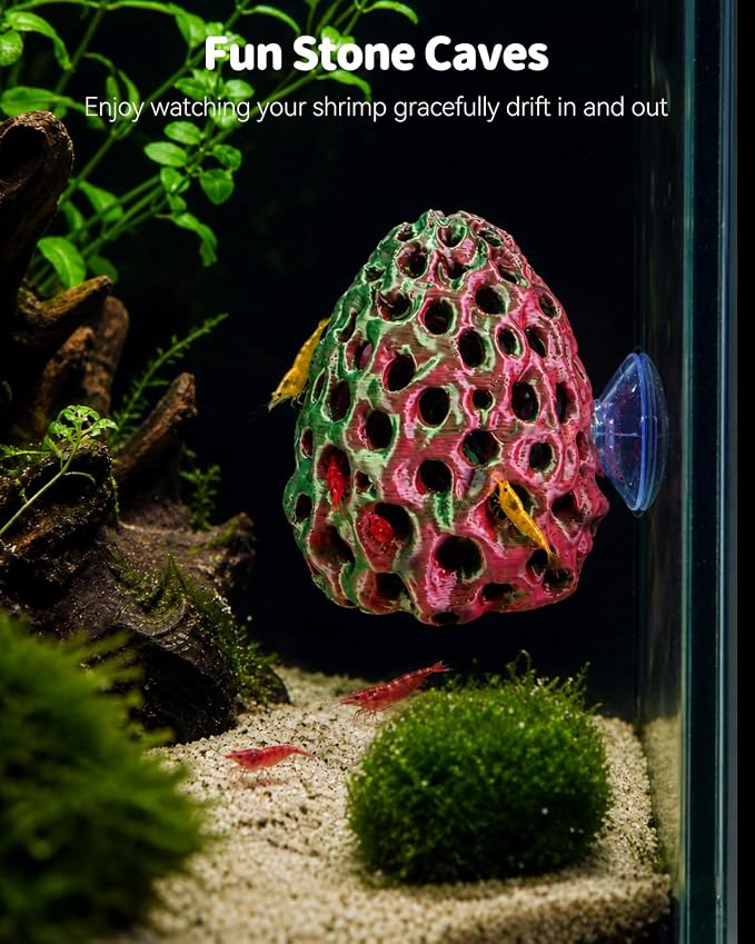 Uniclife Shrimp Cave, Shrimp Hides for Aquarium, Realistic Plastic Aquarium Coral Rock Decorations with Suction Cup, Betta Hideout Tank Accessories for Fish Tank Decor, Red-to-Green Gradient