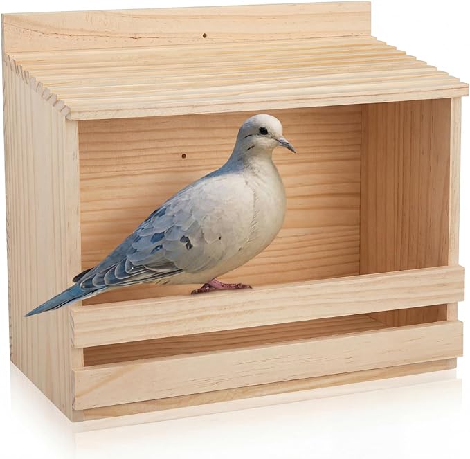 Briwooody Wooden Open Mourning Dove Nesting Box for Outside Dove Bird House 11 H x 14 W x 6 L Inches Bird Nesting and Roosting Platform Hanging Birdhouse Garden Decoration (Flat Roof, Light Brown)