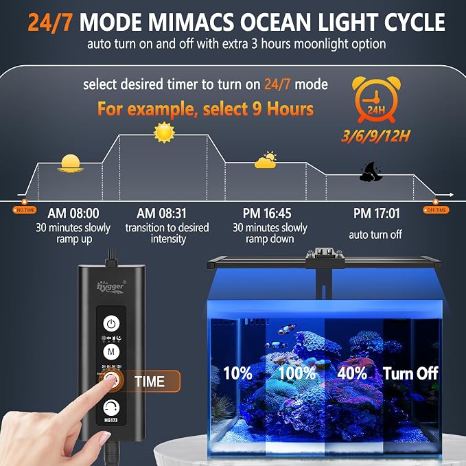 hygger LED Saltwater Aquarium Light, 24/7 Mode Nano Tank Reef Light for Coral, Refugium Light with White, Blue, U-V LEDs Dimmer Timer Moonlight Mounting Bracket 2 Metal Legs 11'' Long 19W