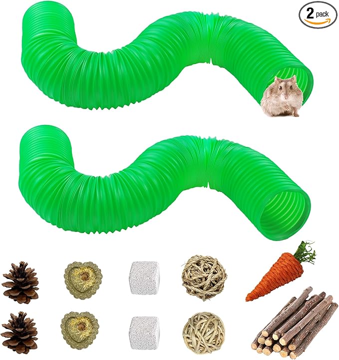 PINVNBY Plastic Tunnel for Hamster,2 PCS Guinea Pigs Tunnels with 19 PCS Chew Toy Collapsible Ferret Hideout Tubes Small Animals Cage Accessories for Hamsters Mouse Rat Gerbils Rats Mice(Green)